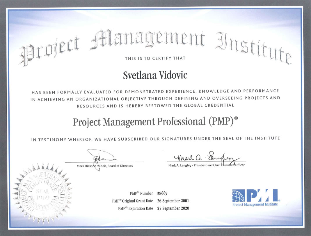 Project Management Professional (PMP) certificate of Svetlana Vidovic